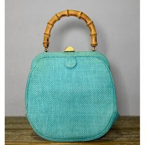 Vintage 1960s Boho Purse Beachy Cottagecore Turquoise Woven Bamboo Handle